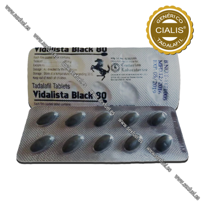 Blister pack of Vidalista Black 80 Tadalafil Tablets with black pills and dosage information