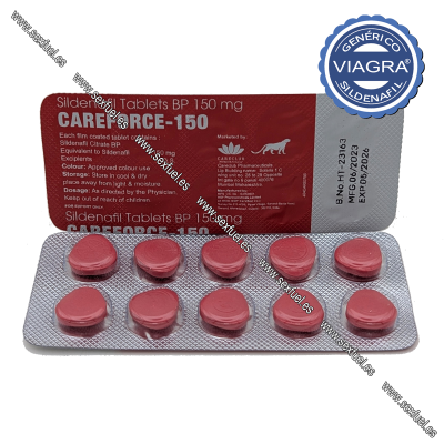 Comprimidos rosa em blister transparente e cinza com embalagem vermelha careforce-150 sildenafil