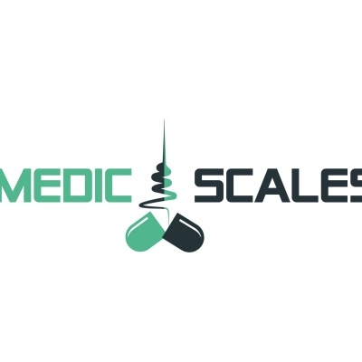 Logótipo com texto MEDIC SCALES e ícone de agulha com cápsulas.