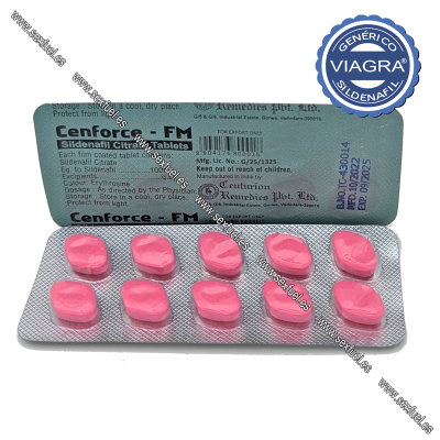 Blister com comprimidos rosa e embalagem de Cenforce-FM com texto informativo