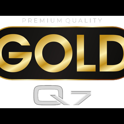Texto dourado 'GOLD Q7' com 'PREMIUM QUALITY' em fundo preto oval