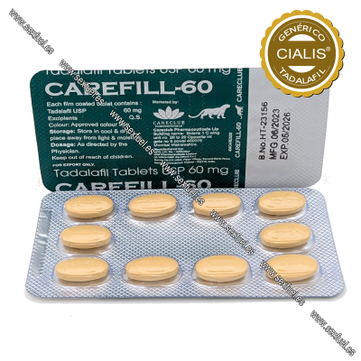 Blister com comprimidos amarelos e embalagem CAREFILL-60 contendo Tadalafila