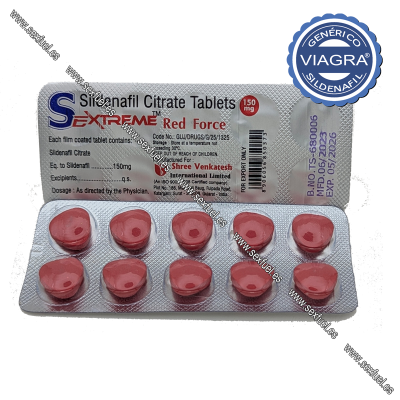 Blister de comprimidos vermelhos em forma de coração com embalagem e selo azul Genérico Viagra