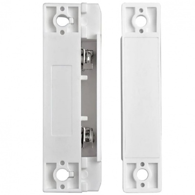 Componentes plásticos brancos com contatos metálicos e orifícios de fixação.