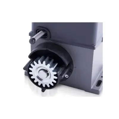 Motor ou redutor industrial cinzento com engrenagem metálica prateada