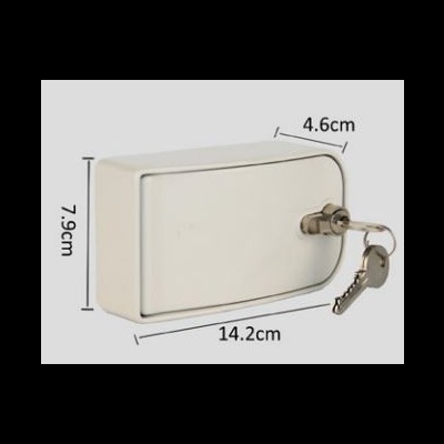 Caixa metálica branca com fechadura e duas chaves