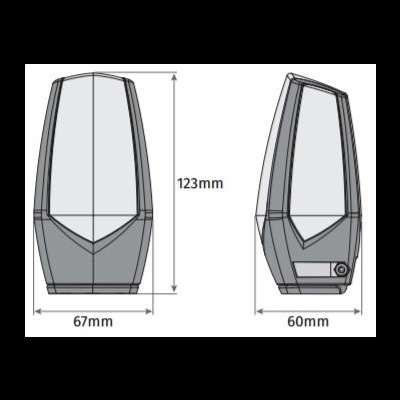 Desenho técnico de objeto eletrónico com dimensões e formas trapezoidais em cinza.