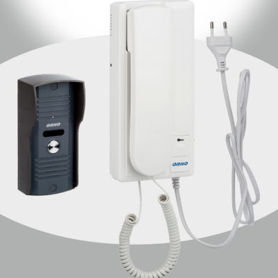 Intercomunicador ORNO com unidade externa preta e unidade interna branca.