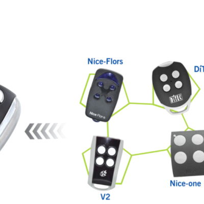Comando remoto preto e prateado com quatro botões e três comandos adicionais preto com botões brancos