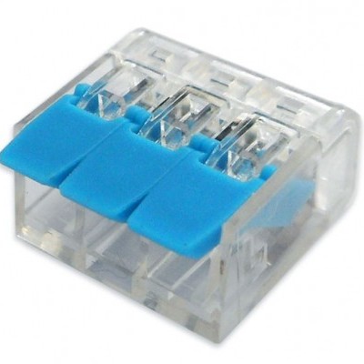 Conector elétrico transparente com alavancas azuis