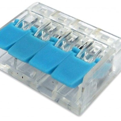 Conector elétrico transparente com alavancas azuis para fios
