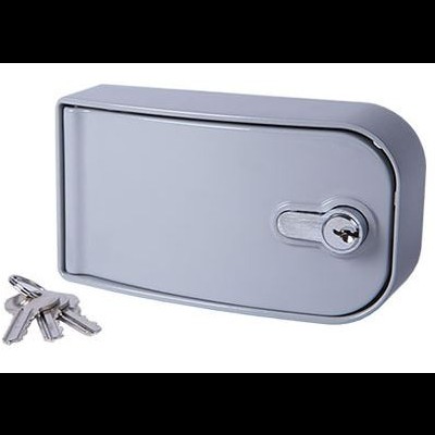 Fechadura metálica cinzenta com chaves prateadas num fundo branco