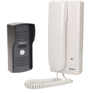 Intercomunicador preto e branco com botão e auscultador