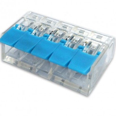 Conector elétrico transparente com alavancas azuis