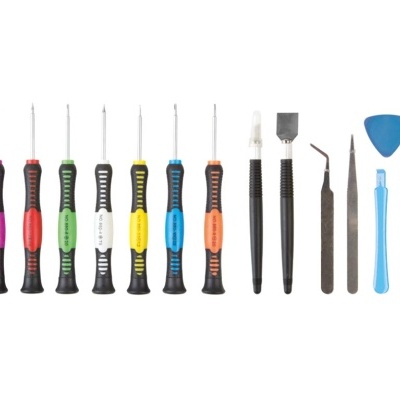 Conjunto de ferramentas reparação com chaves de fendas, pinças e espátulas azuis
