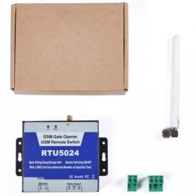 Dispositivo GSM Gate Opener RTU5024 com antena branca e caixa de cartão castanha