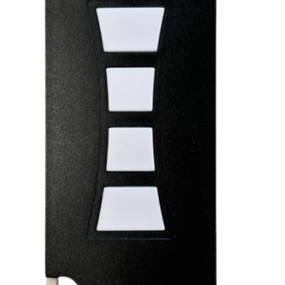 Comando remoto preto com botões brancos trapezoidais