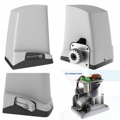Motor elétrico e caixa plástica cinza da POWERTECH com engrenagem e componentes eletrónicos