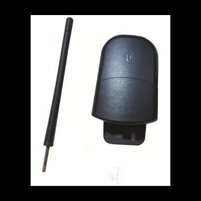 Antena preta destacável e sensor/transmissor preto em fundo branco