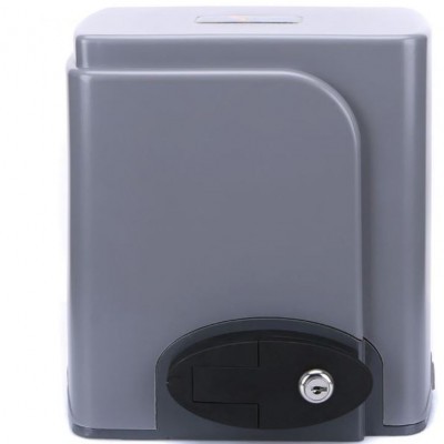 Porta automática para portões cinza com parte preta e fecho de chave