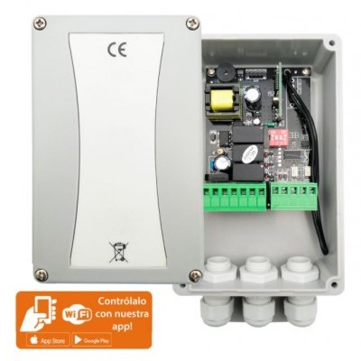 Caixa elétrica cinzenta com circuitos internos e etiqueta de controlo por app WiFi