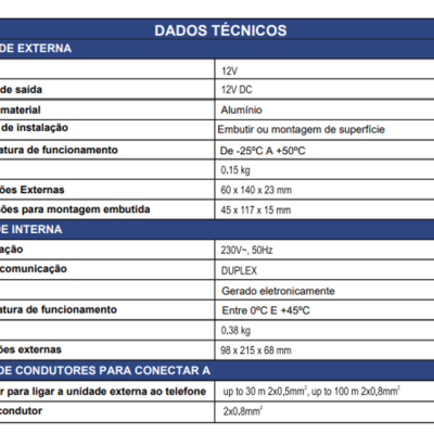 Tabela técnica com especificações técnicas de equipamento, incluindo tensão, tipo de material e dimensões