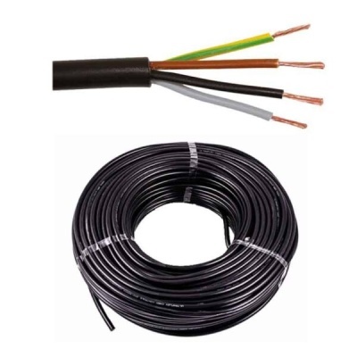 Rolo de cabo elétrico preto com quatro condutores coloridos expostos