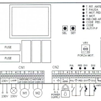 Diagrama técnico de painel elétrico com terminais, fusíveis e indicadores