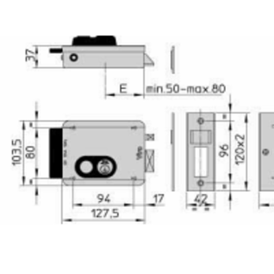 Desenho técnico de fecho metálico com medidas