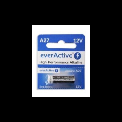 Pilha alcalina everActive A27 12V embalada em blister azul e branco