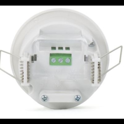 Dispositivo redondo branco com suportes metálicos e terminais de conexão