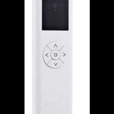 Comando remoto branco com ecrã preto e botões circulares