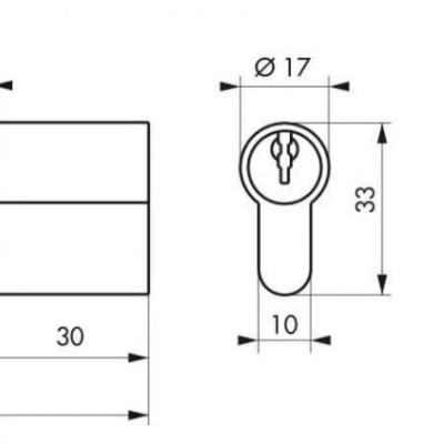 Desenho técnico de cilindro de fechadura com dimensões em mm e indicação Panneton