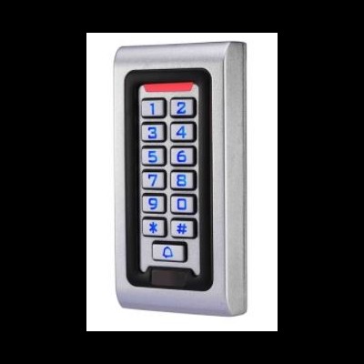 Teclado numérico eletrónico prateado com botões azuis e ícone de campainha