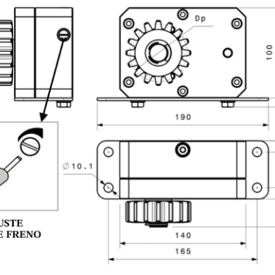 Desenho técnico de dispositivo mecânico com engrenagem e ajuste de par de freio