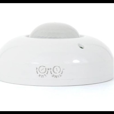 Sensor de movimento branco com cúpula translúcida e texto em relevo ON OFF.