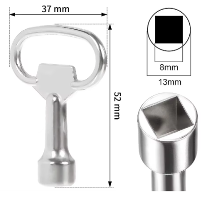 Chave metálica prateada com ponta quadrada e dimensões indicadas