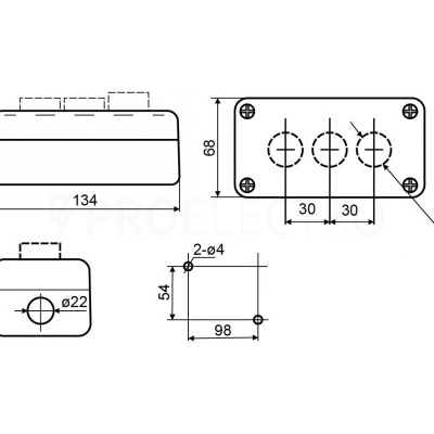 Desenho técnico de caixa retangular com furos e dimensões em milímetros