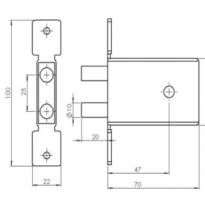 Desenho técnico a preto e branco de uma fechadura com medidas em milímetros