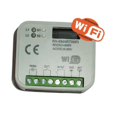 Dispositivo RX-SMARTWIFI cinza com terminal verde de parafusos e etiqueta WiFi integrada