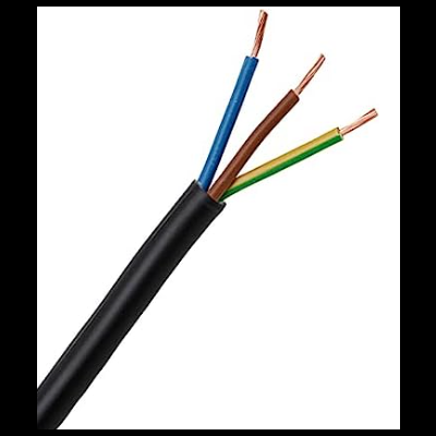 Cabo elétrico com três fios coloridos e condutores de cobre expostos