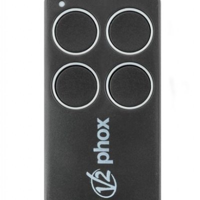 Comando remoto preto com quatro botões redondos e texto V2 phox