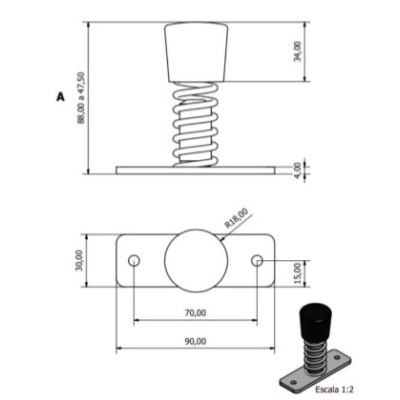 Desenho técnico de batente de porta com mola e dimensões em milímetros