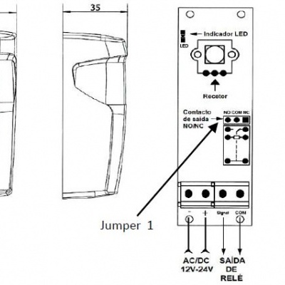 Desenho técnico de dispositivo eletrônico com dimensões e textos técnicos