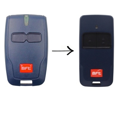 Dois comandos remotos BFT azuis escuros com botões pretos lado a lado