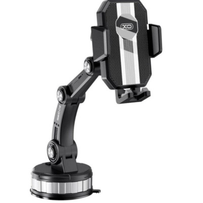 Suporte para telemóvel com base redonda e braço ajustável, cor preta com detalhes em branco e cinzento.