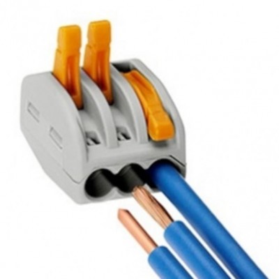 Conector elétrico cinzento com três alavancas laranja e fios azuis