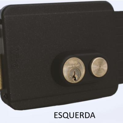 Fechadura eletrónica preta com cilindro de chave e botão metálico