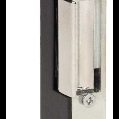 Fecho elétrico de porta em metal prateado e plástico preto