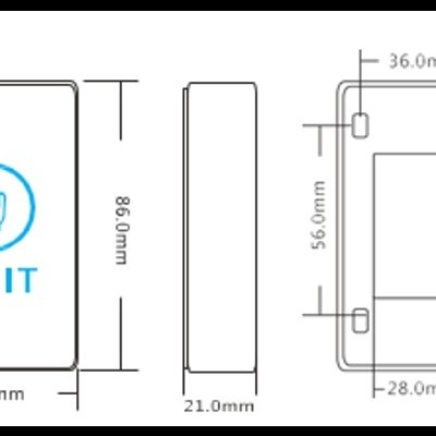 Desenho técnico de botão retangular com texto EXIT e medidas